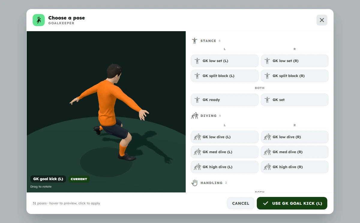 The eCoach pose picker open on a goalkeeper, previewing the custom goal-kick distribution pose beside the full grid of goalkeeper pose options