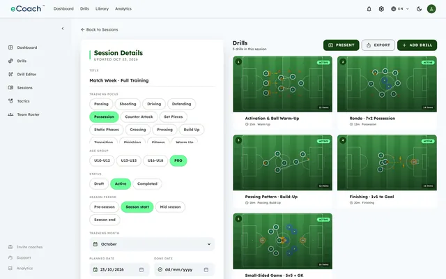 A full training session: ordered drills with durations and focus