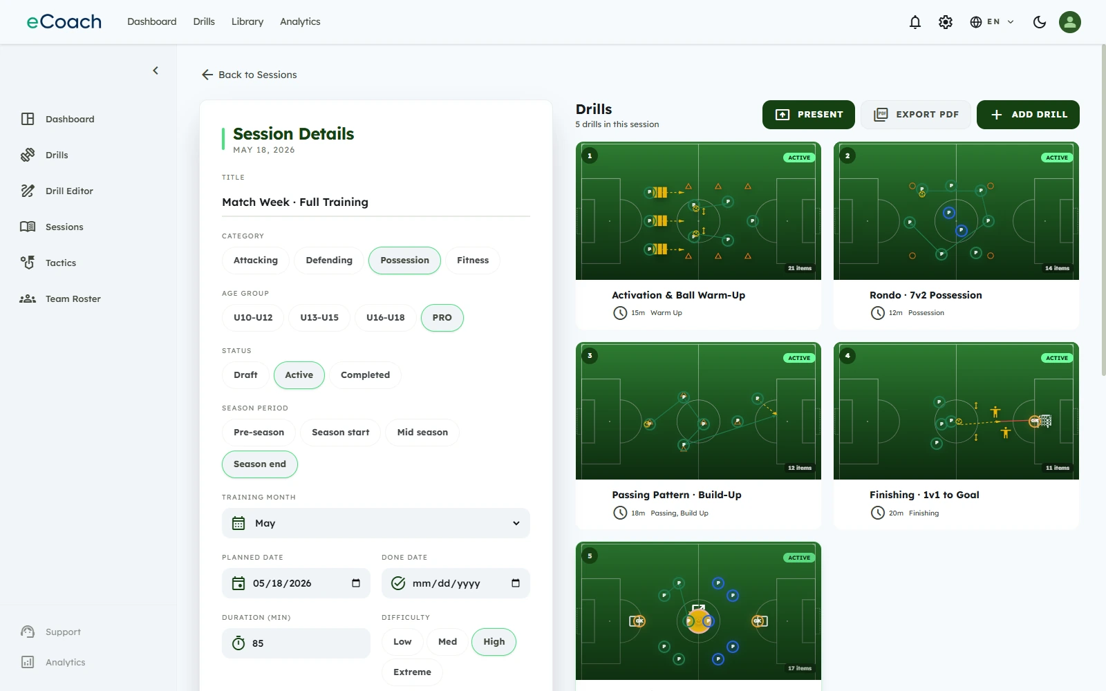 A full training session: ordered drills with durations and focus