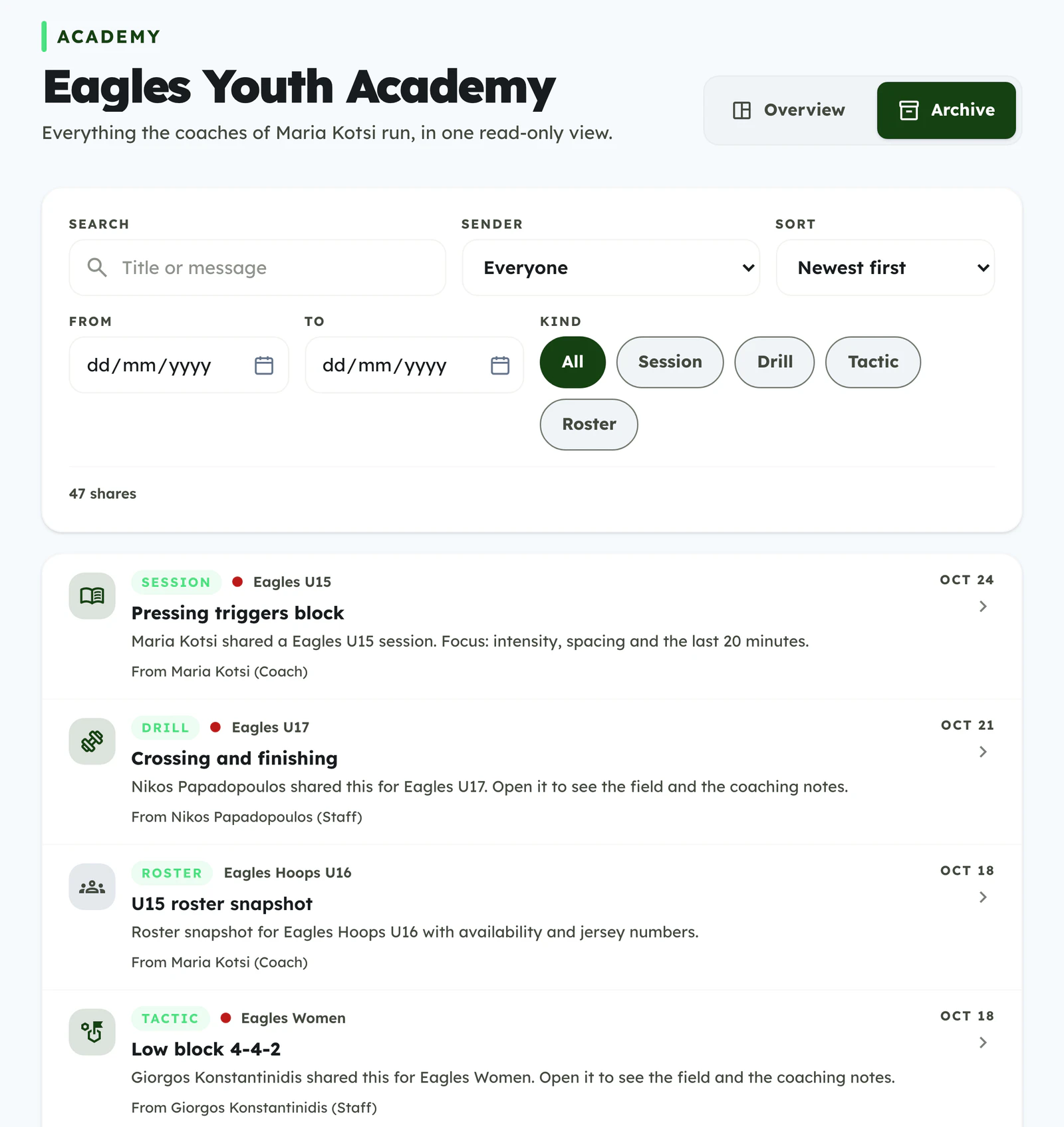 The academy archive: every session, drill, tactic and roster the coaches shared, with search and filters