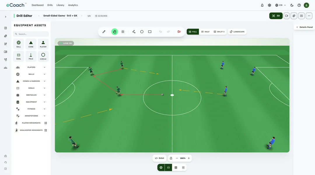 The eCoach drill editor in Live 3D, showing a full training drill on a realistic 3D pitch
