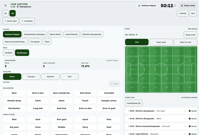 Live match capture: player and action buttons, the pitch zone grid and a running event log with the clock