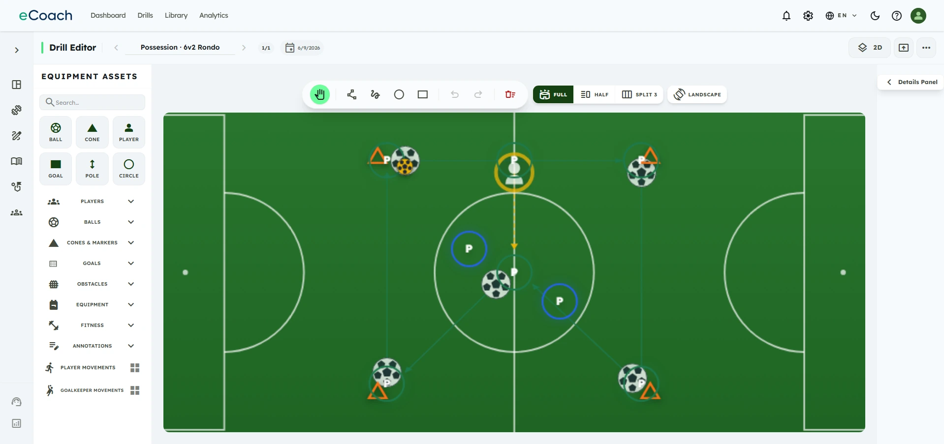 eCoach board showing a 2D passing drill with players, cones and arrows