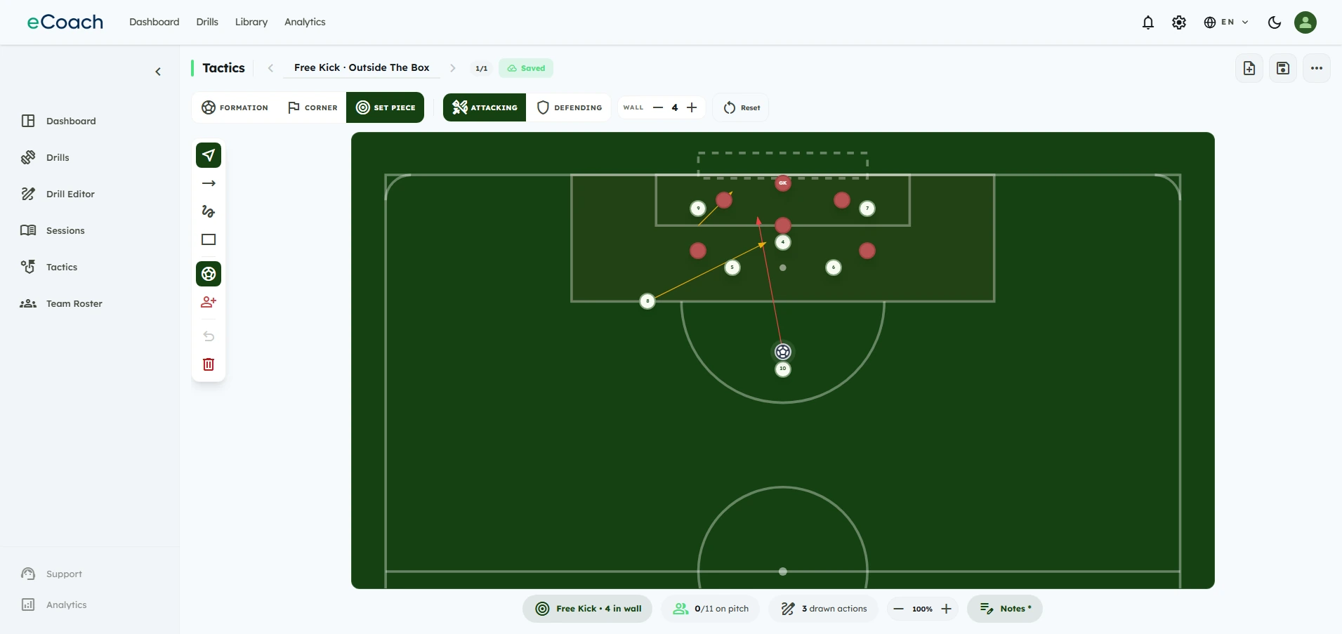 A free-kick routine from outside the box: wall, keeper and the shot path