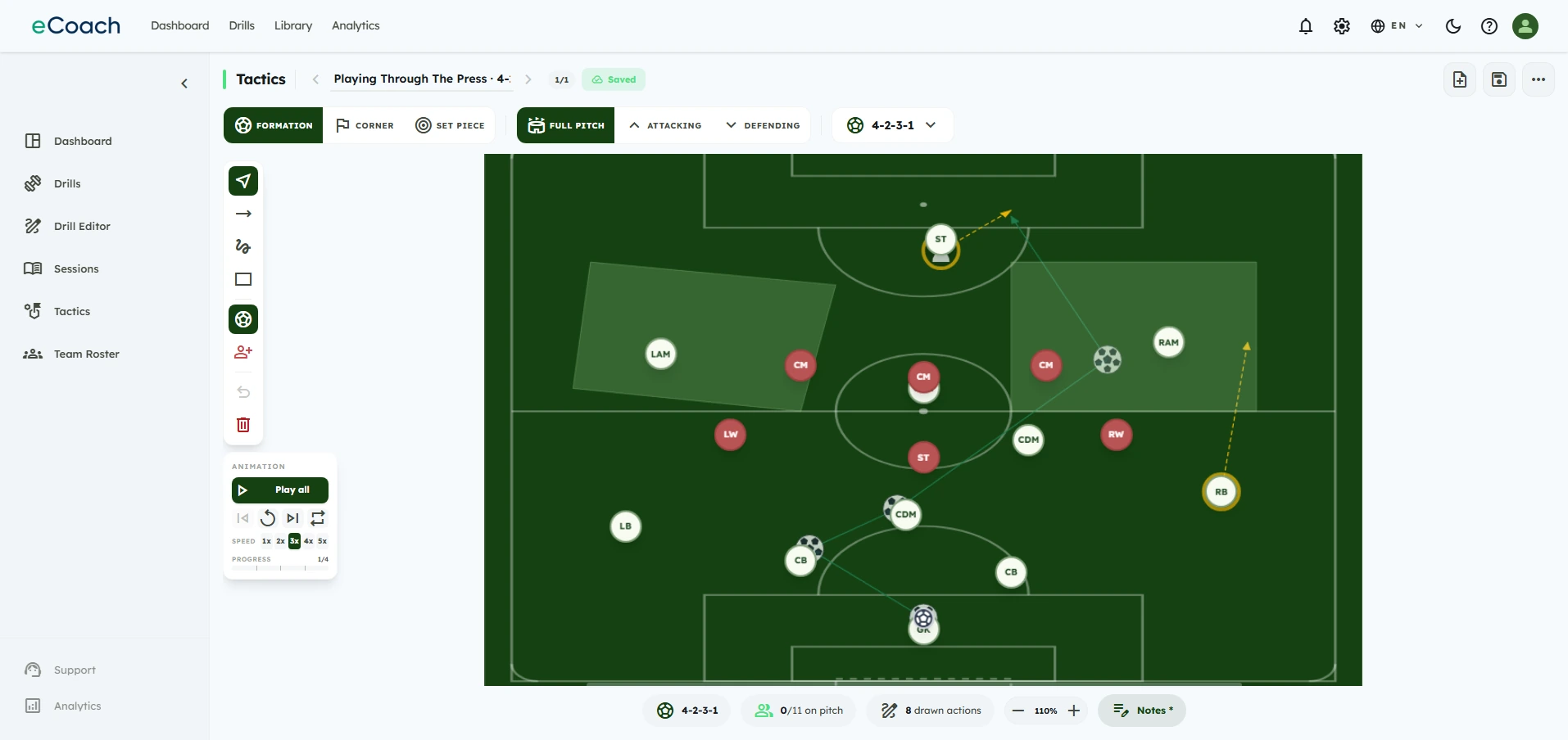 A team shape with runs and passing lines breaking the press