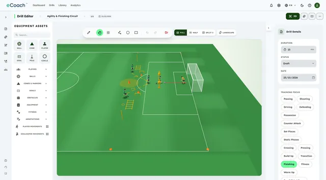 The same drill shown on a lifelike 3D pitch from an angled view