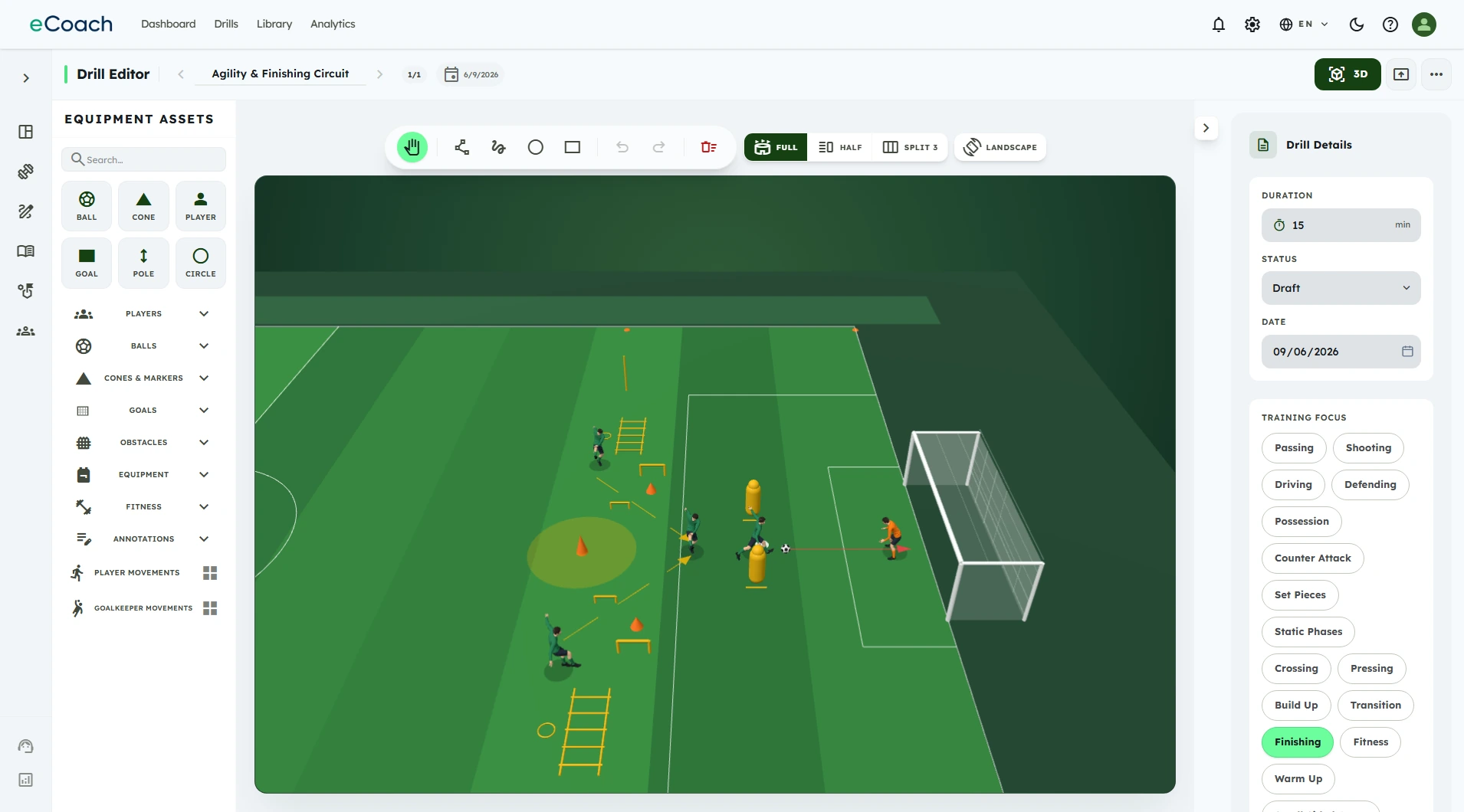 The same drill shown on a lifelike 3D pitch from an angled view